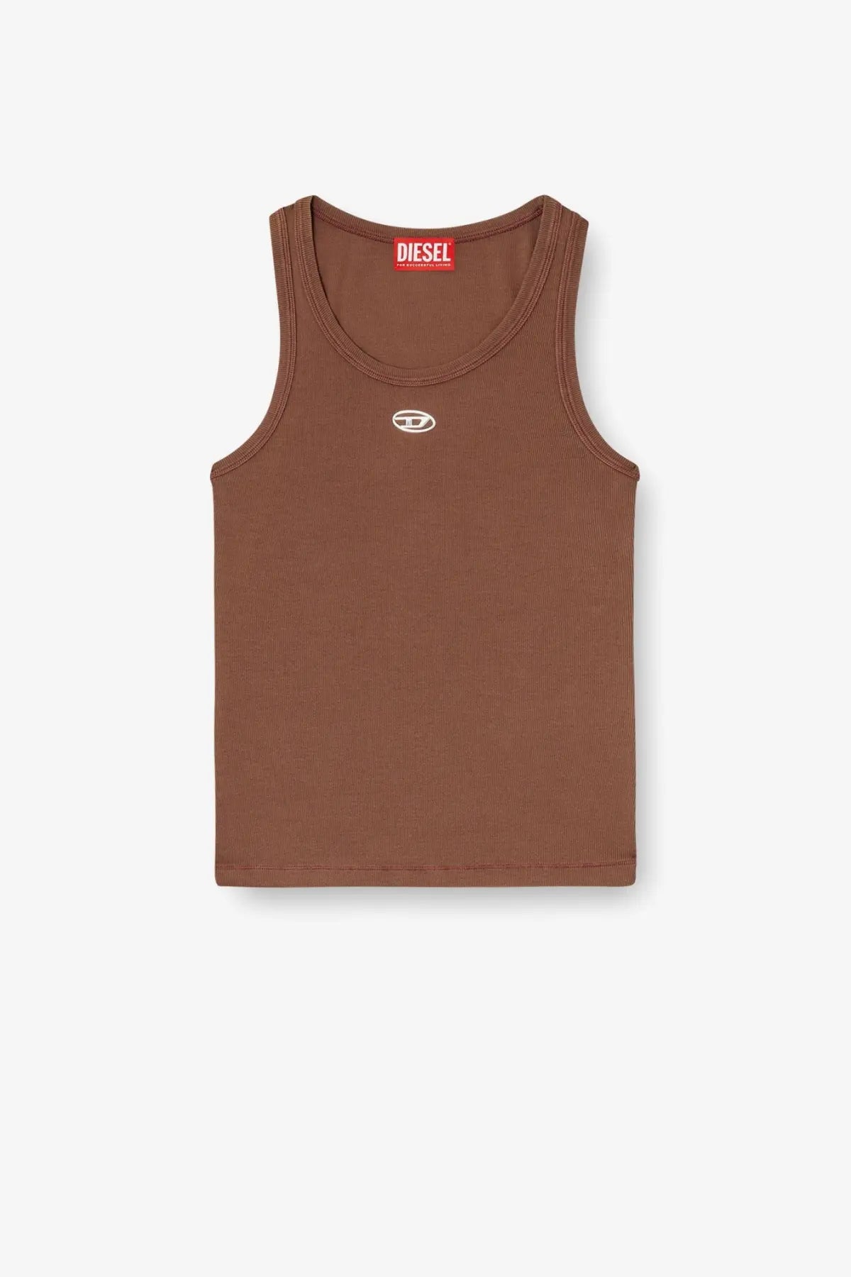 Diesel women’s slim fit ribbed brown cotton tank top with small white logo on chest and red brand tag at neckline