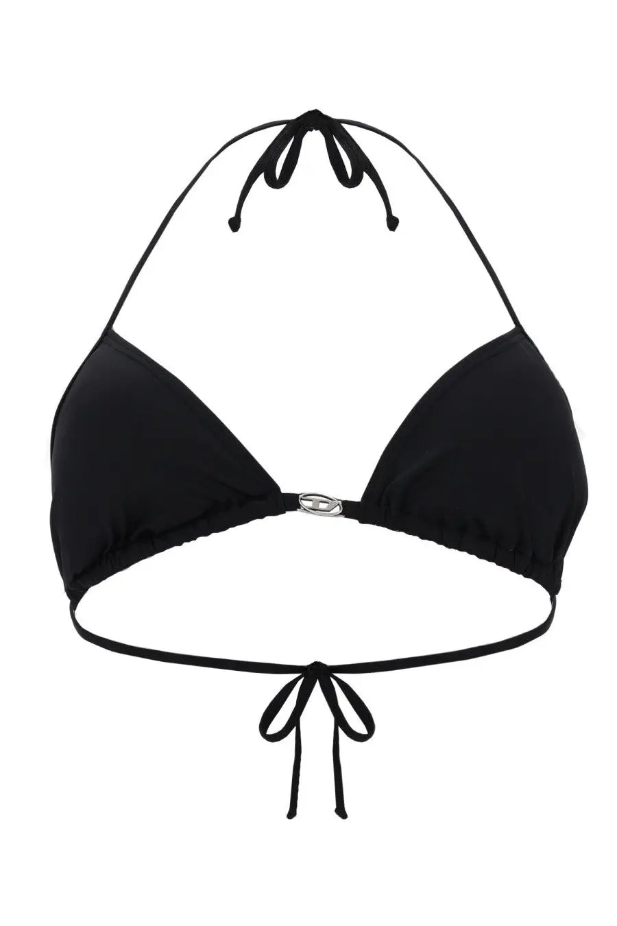 Black diesel women’s halter bikini top in nylon with silver logo clasp and adjustable tie closure for swimwear use