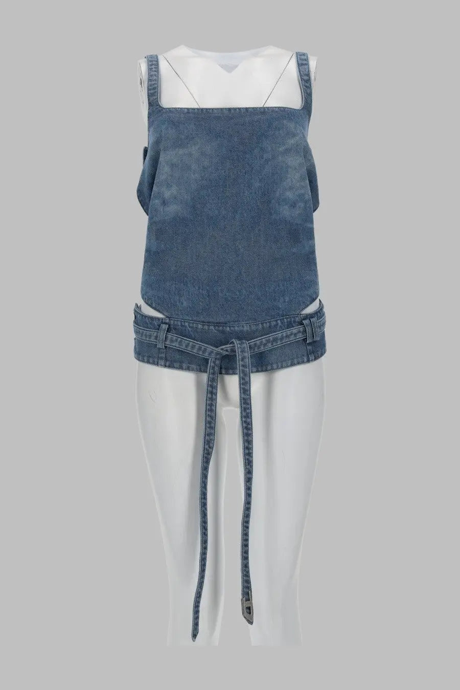 Diesel women’s denim blue sleeveless top with square neckline and waist belt tied in front made of blue denim