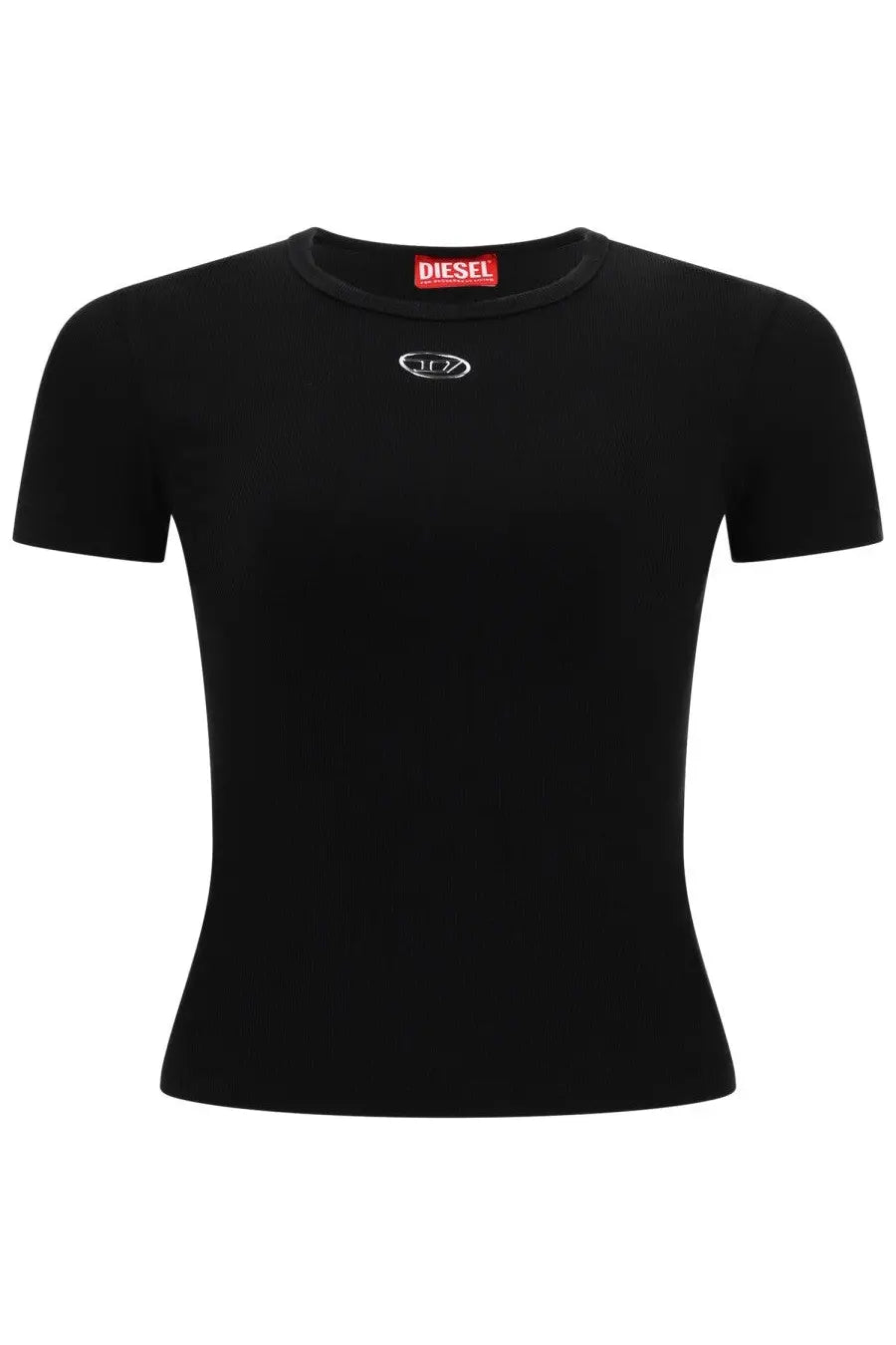 Diesel women’s black long t-shirt with subtle white embroidered logo on chest and red brand tag at neckline