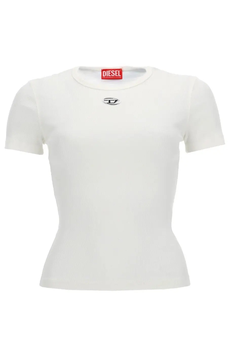 Diesel women’s white short-sleeved cotton t-shirt with subtle black chest logo and red brand tag at neckline