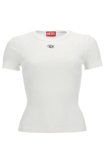 Diesel women’s white short-sleeved cotton t-shirt with subtle black chest logo and red brand tag at neckline