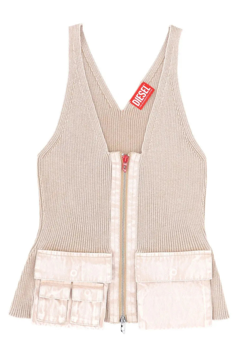Diesel women’s top Gaby beige ribbed knit sleeveless with central zipper and two front pockets with red tag
