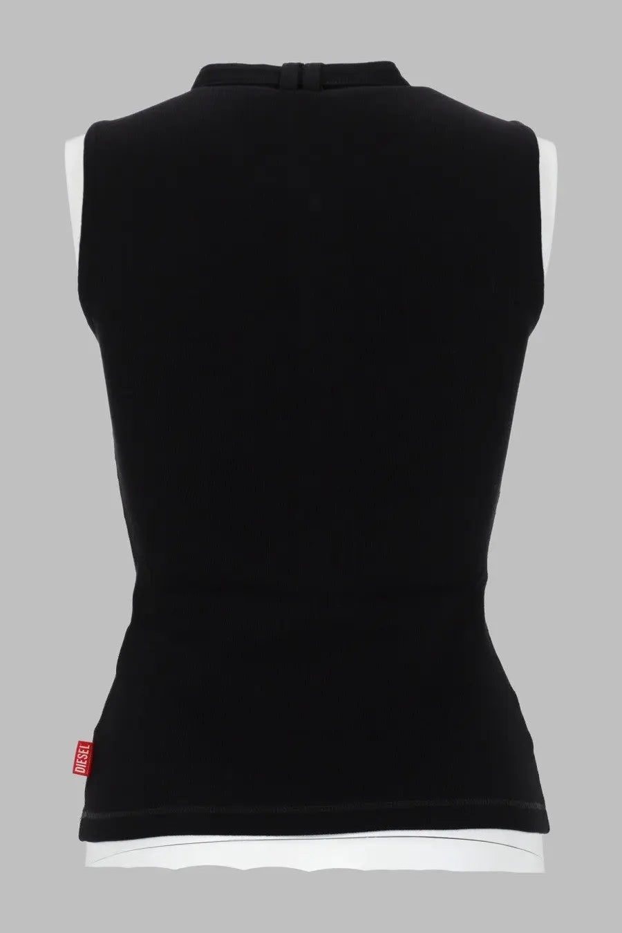 Diesel women’s sleeveless black jersey top iara with high collar ribbed hem and red brand tag on lower left side