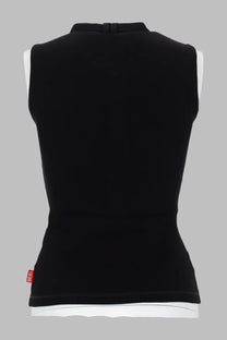 Diesel women’s sleeveless black jersey top iara with high collar ribbed hem and red brand tag on lower left side
