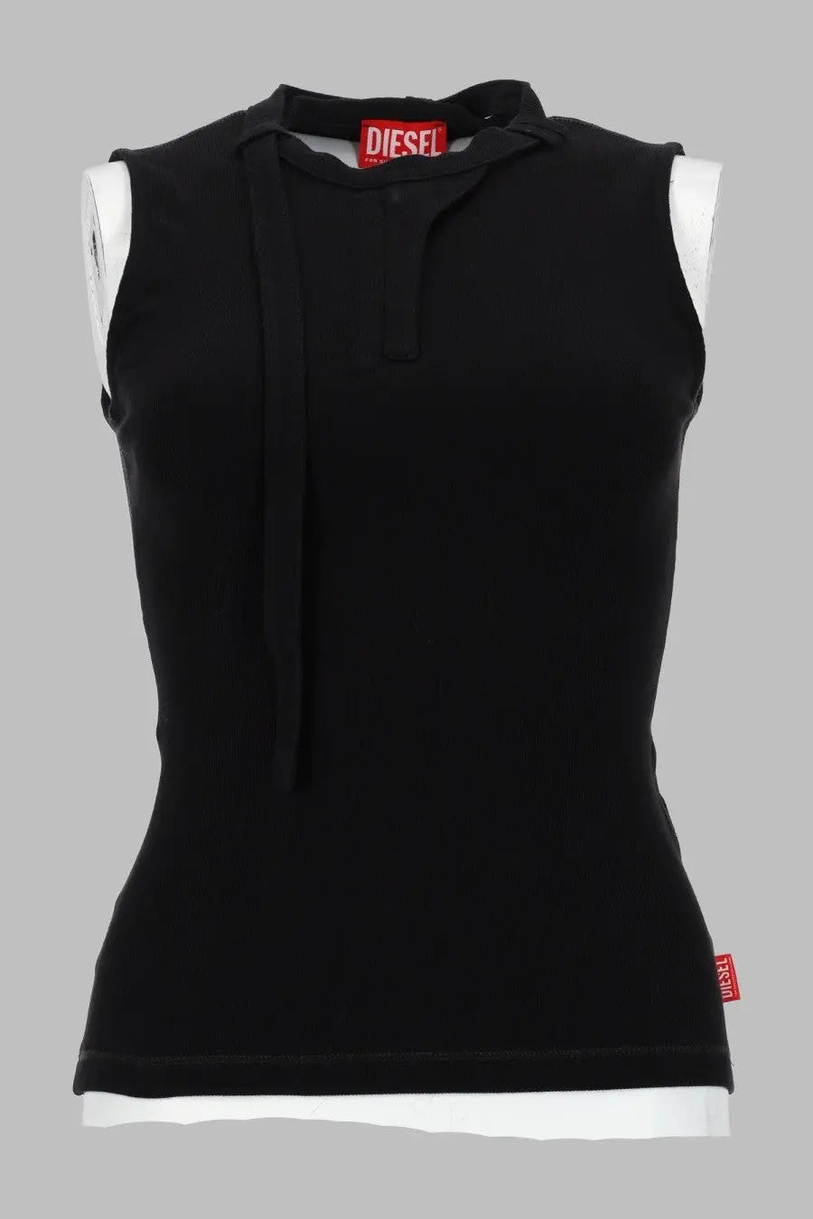 Black sleeveless top with a tie-front neckline, featuring the diesel brand label at the collar.