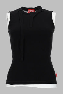 Black sleeveless top with a tie-front neckline, featuring the diesel brand label at the collar.