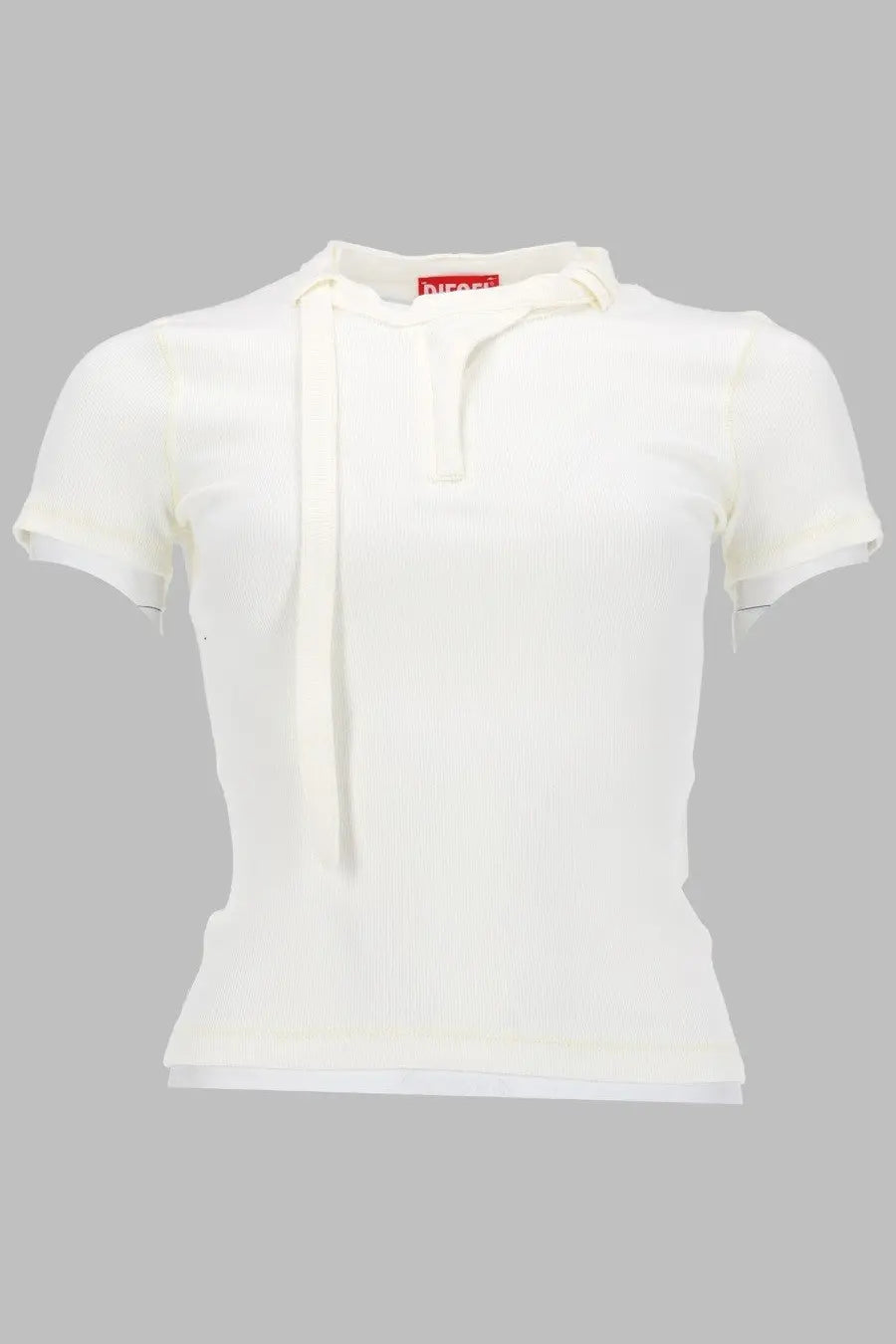 Diesel women’s white short-sleeved polo shirt in ribbed jersey with tie-front detail and brand label at collar