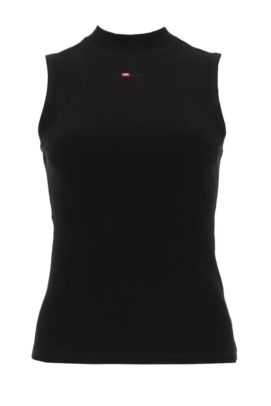 Diesel women’s black sleeveless top mokky sl microdiv with mock neck and subtle red logo on chest