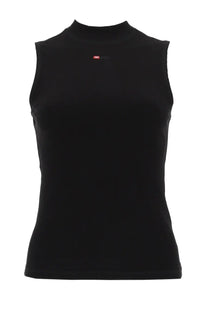 Diesel women’s black sleeveless top mokky sl microdiv with mock neck and subtle red logo on chest