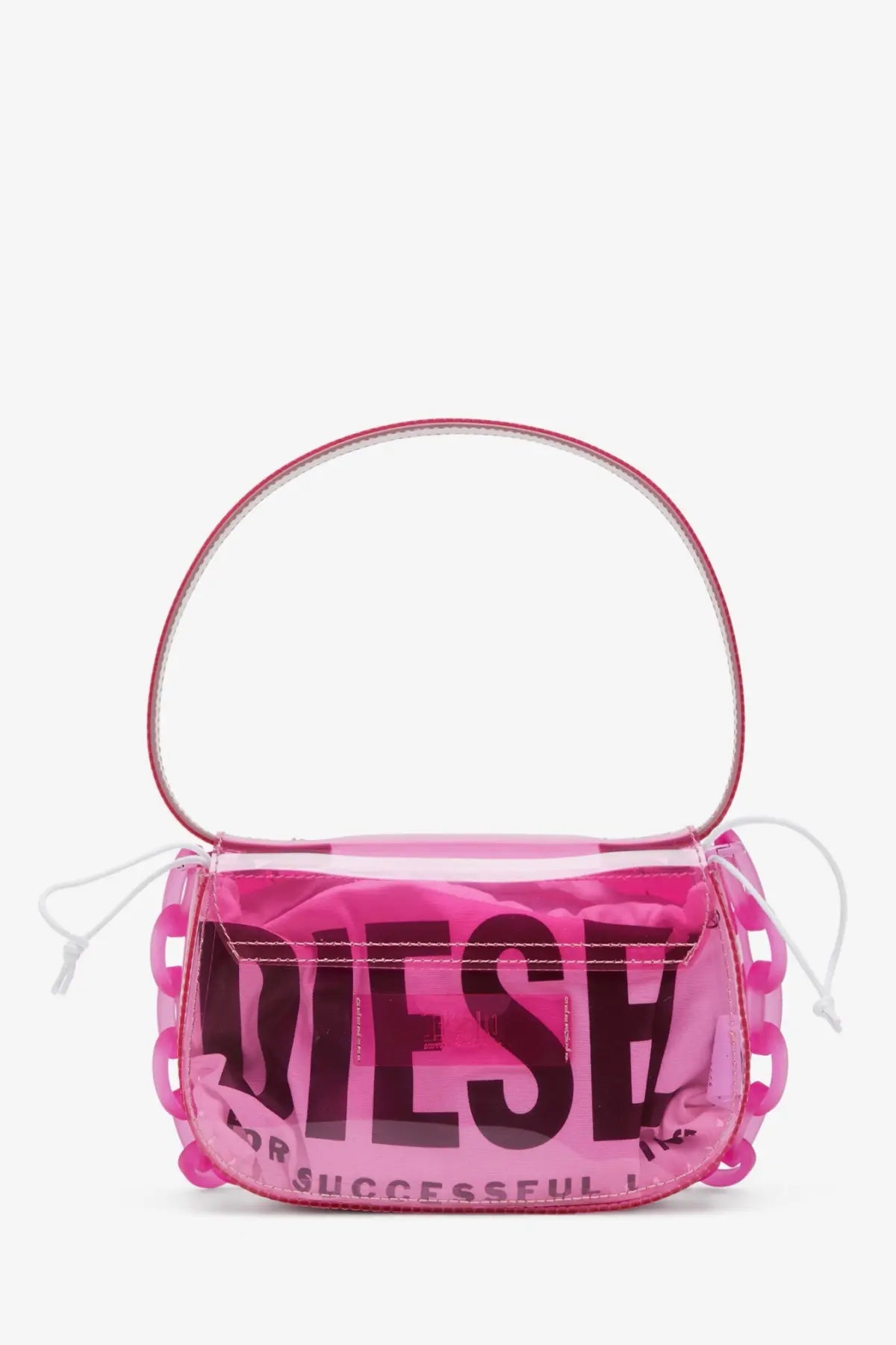 Diesel women’s fucsia tpu shoulder bag with pink transparent material black diesel branding and pink plastic chain detailing