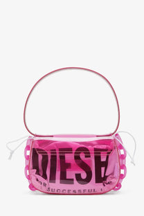 Diesel women’s fucsia tpu shoulder bag with pink transparent material black diesel branding and pink plastic chain detailing