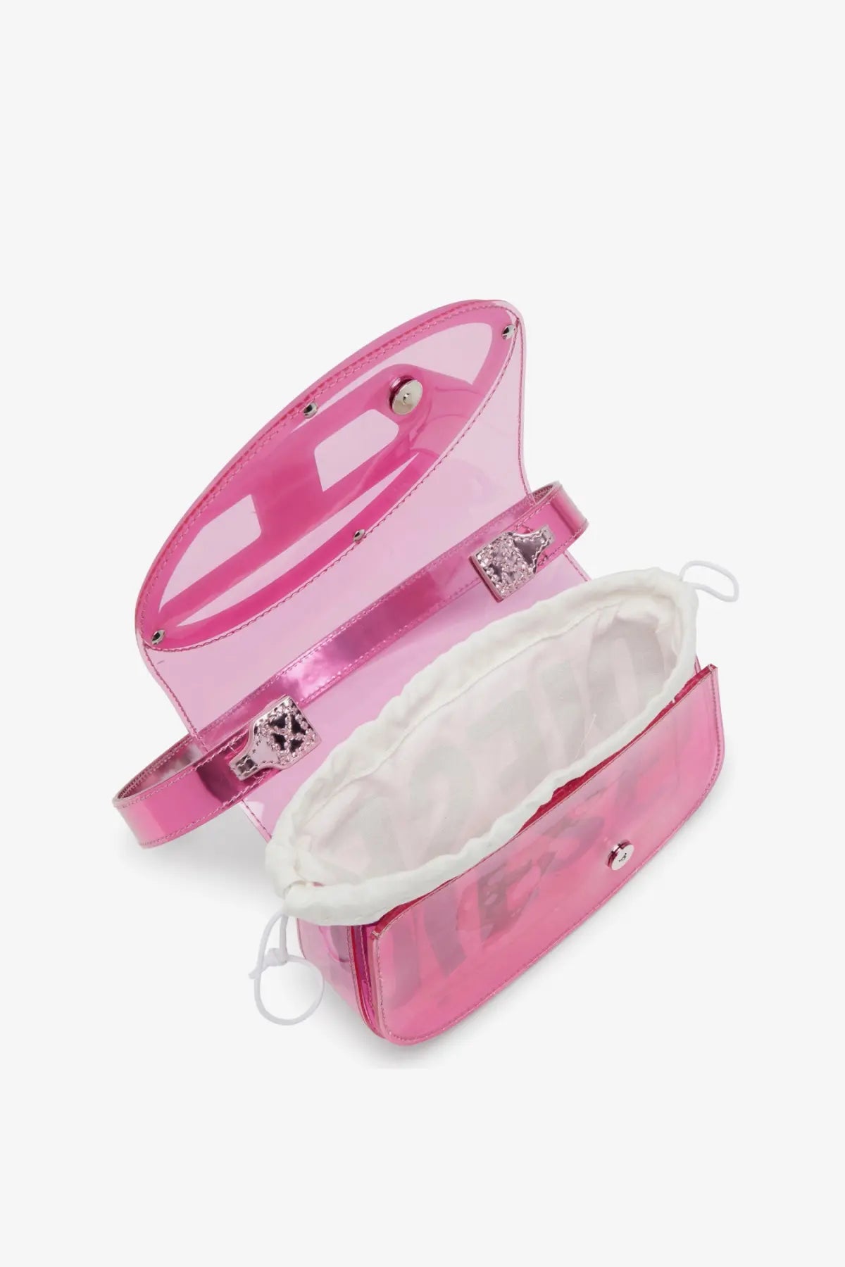 Diesel women’s tpu shoulder bag fucsia translucent pink with glossy finish silver hardware and white interior lining