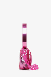 Diesel women’s tpu shoulder bag fucsia is a translucent pink plastic handbag with a shiny metallic handle and chain strap