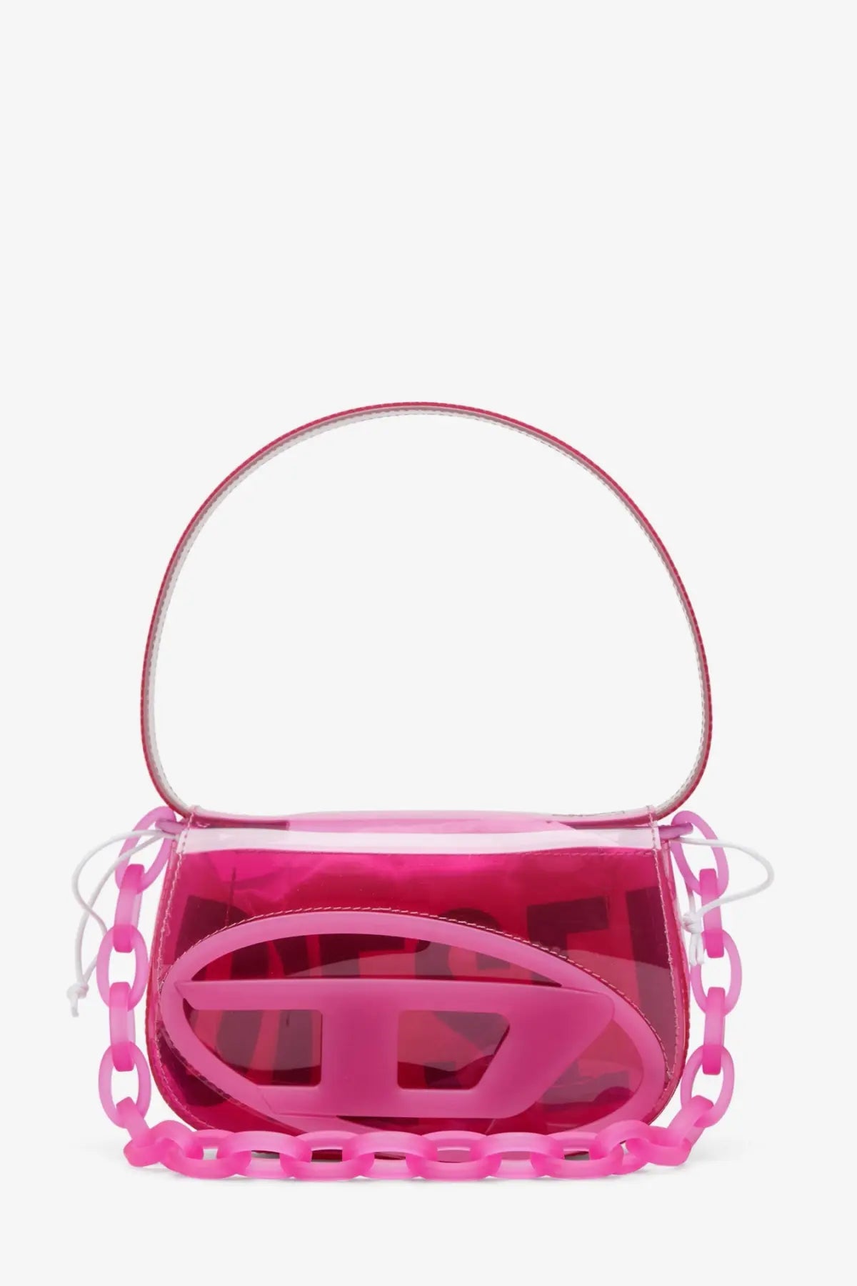 Diesel women’s fucsia translucent pink tpu shoulder bag with bold glossy logo cutout and matching chain strap