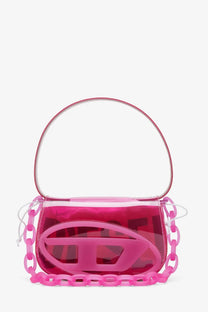 Diesel women’s fucsia translucent pink tpu shoulder bag with bold glossy logo cutout and matching chain strap