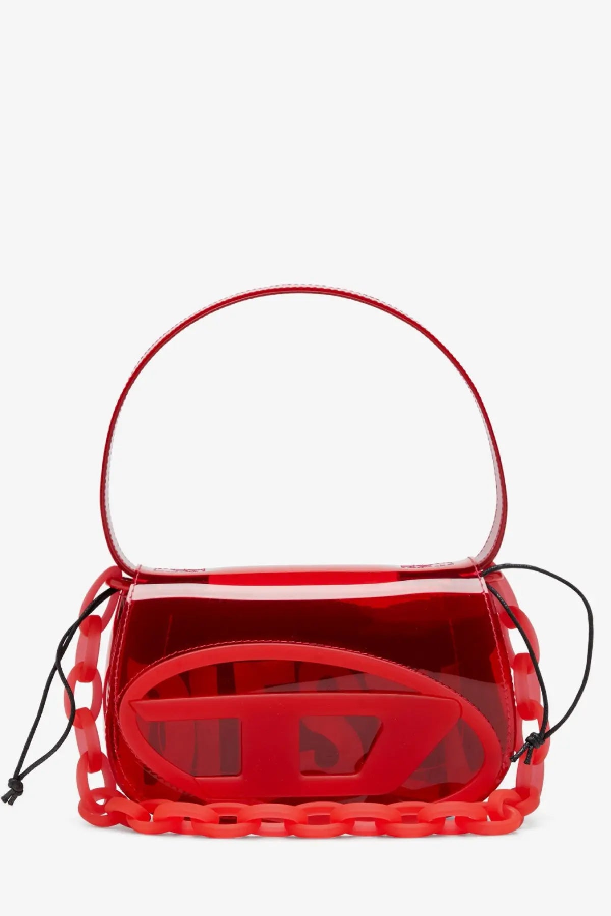 Diesel women’s red translucent tpu shoulder bag with a bold glossy finish and oval logo cutout on the front