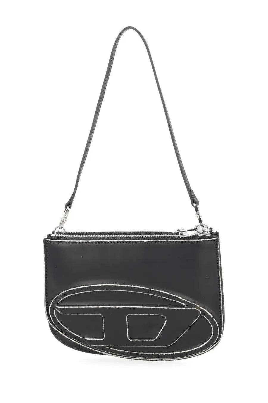 Diesel women’s twin bag black leather crossbody bag with bold white outlined logo and silver toned hardware