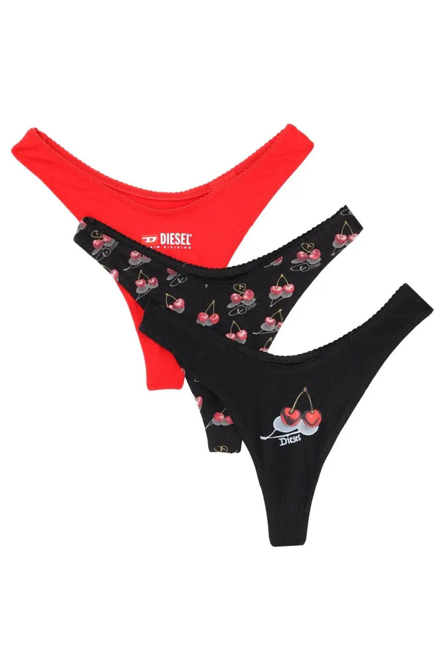 Set of three diesel women’s thong underwear in red and black with cherry print multicolor punchy briefs