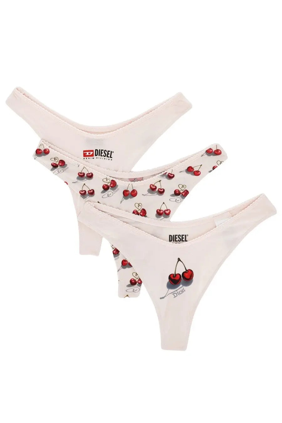 Set of three white diesel women’s thong briefs featuring red cherry prints and branded elastic waistband