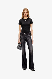 Black denim flare jeans with double-button front and subtle distressing paired with diesel women’s uncutieslong od cotton blend shirt black