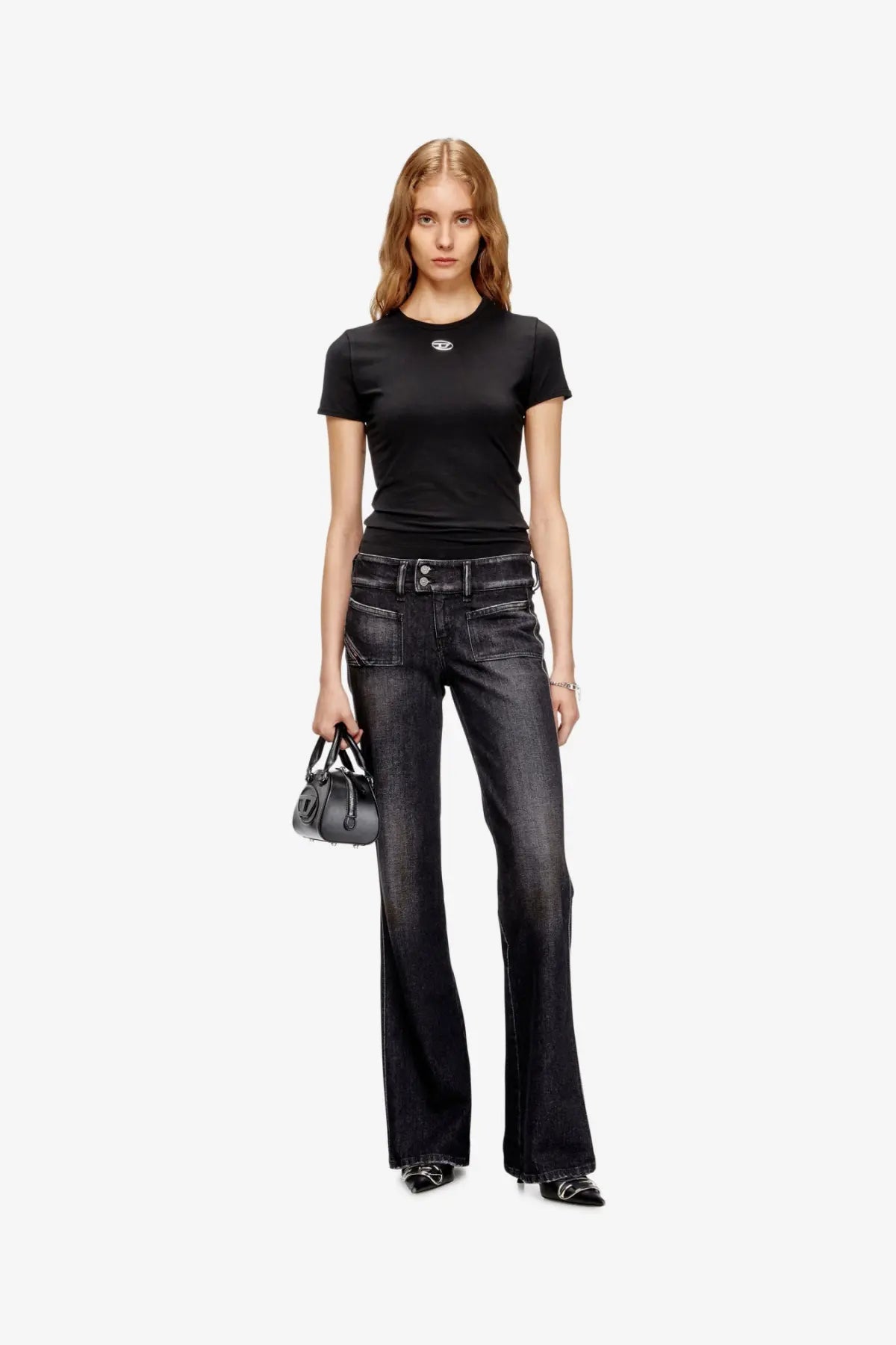 Black denim flare jeans with double-button front and subtle distressing from Diesel Women’s Uncutieslong OD cotton blend shirt black
