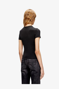 Diesel women’s uncutieslong OD black fitted short-sleeve crew neck tee made of cotton blend fabric