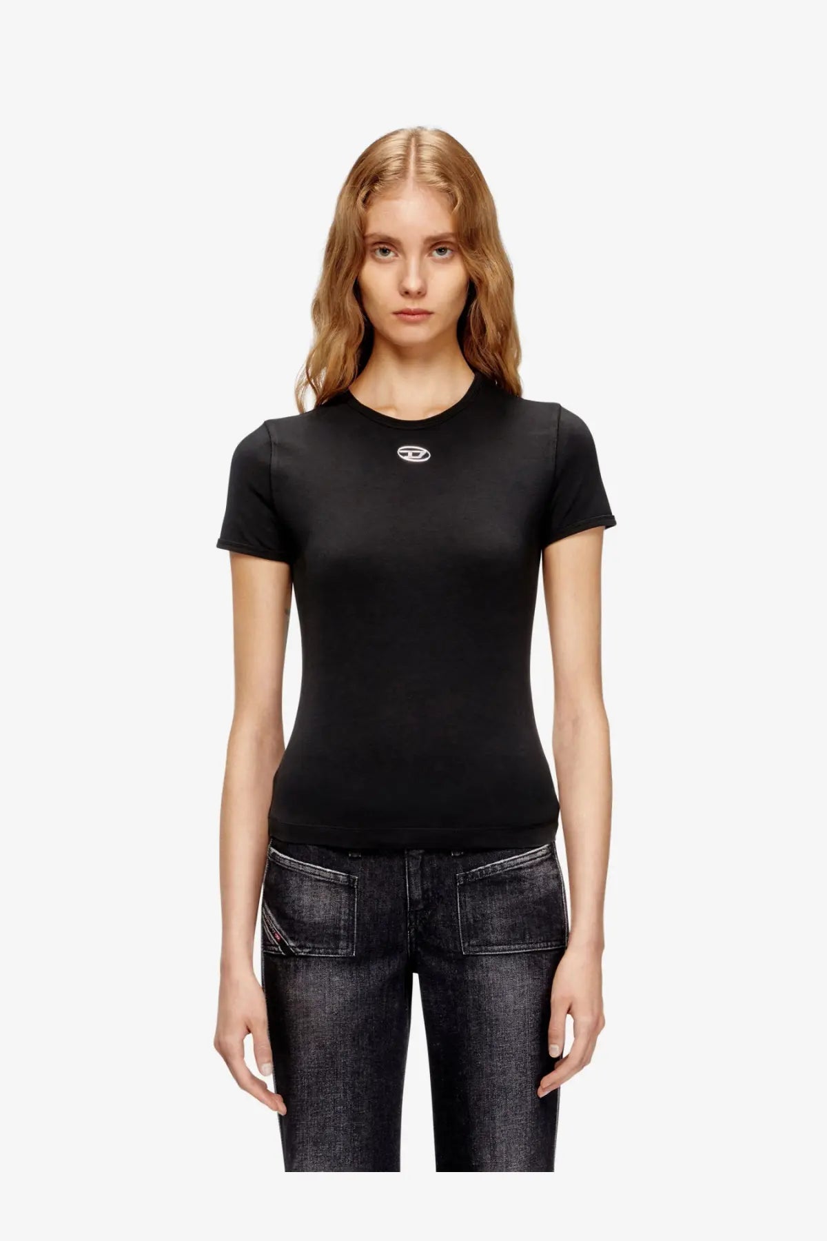 Diesel women’s uncutieslong OD black cotton blend t-shirt with short sleeves and a small white chest logo