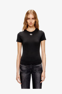 Diesel women’s uncutieslong OD black cotton blend t-shirt with short sleeves and a small white chest logo