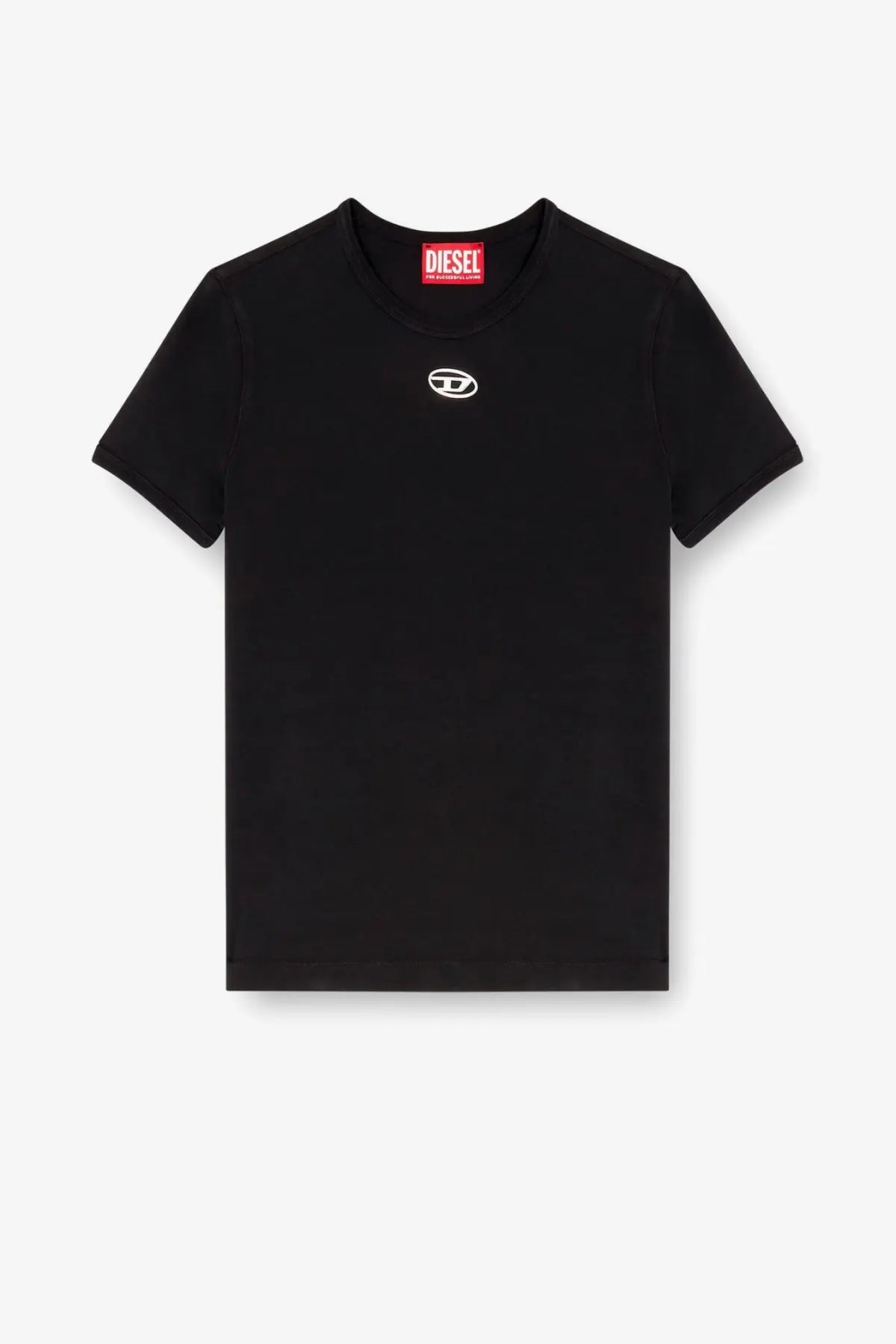 Diesel women’s uncutieslong OD cotton blend black t-shirt with white logo on chest and red brand tag at collar