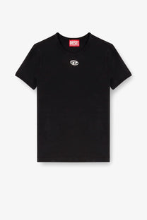 Diesel women’s uncutieslong od cotton blend black t-shirt with white chest logo and red brand tag at the collar