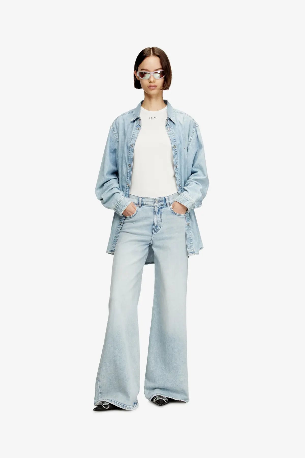 Diesel women’s uncutieslong OD white shirt with light-wash denim jacket featuring relaxed oversized fit and button closure
