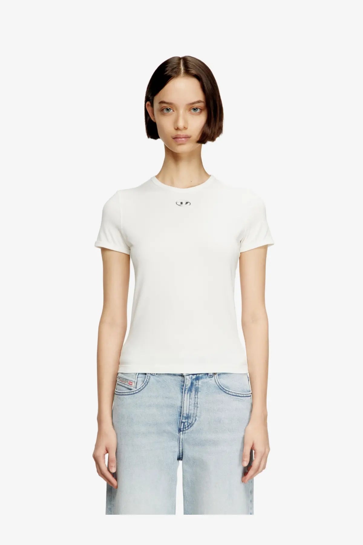 Diesel women’s uncutieslong OD white short-sleeved cotton blend shirt with small embroidered face detail at neckline
