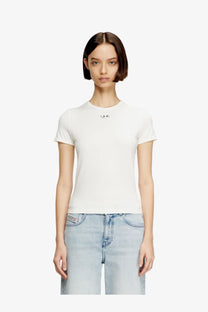Diesel women’s uncutieslong OD white short-sleeved cotton blend shirt with small embroidered face detail at neckline
