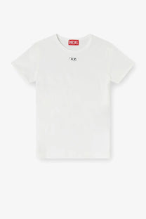 Diesel women’s uncutieslong od cotton blend white t-shirt with small black chest logo and red brand tag at neckline