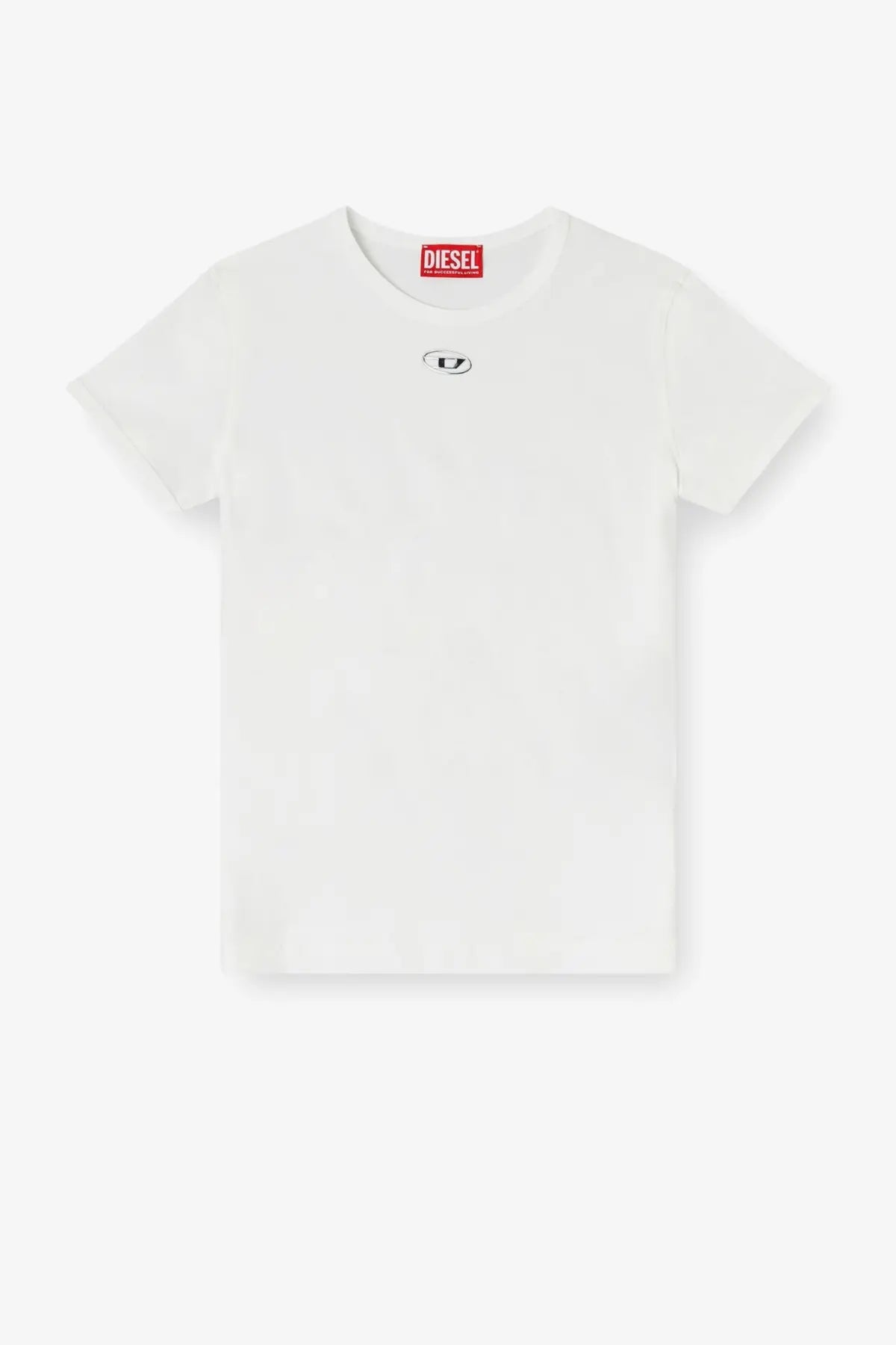 Diesel womens uncutieslong od cotton blend white t-shirt with a small black logo on the chest and a red neckline tag