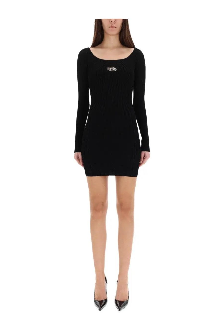 Diesel women’s Vera dress black long-sleeved mini dress with square neckline and small silver logo on the chest