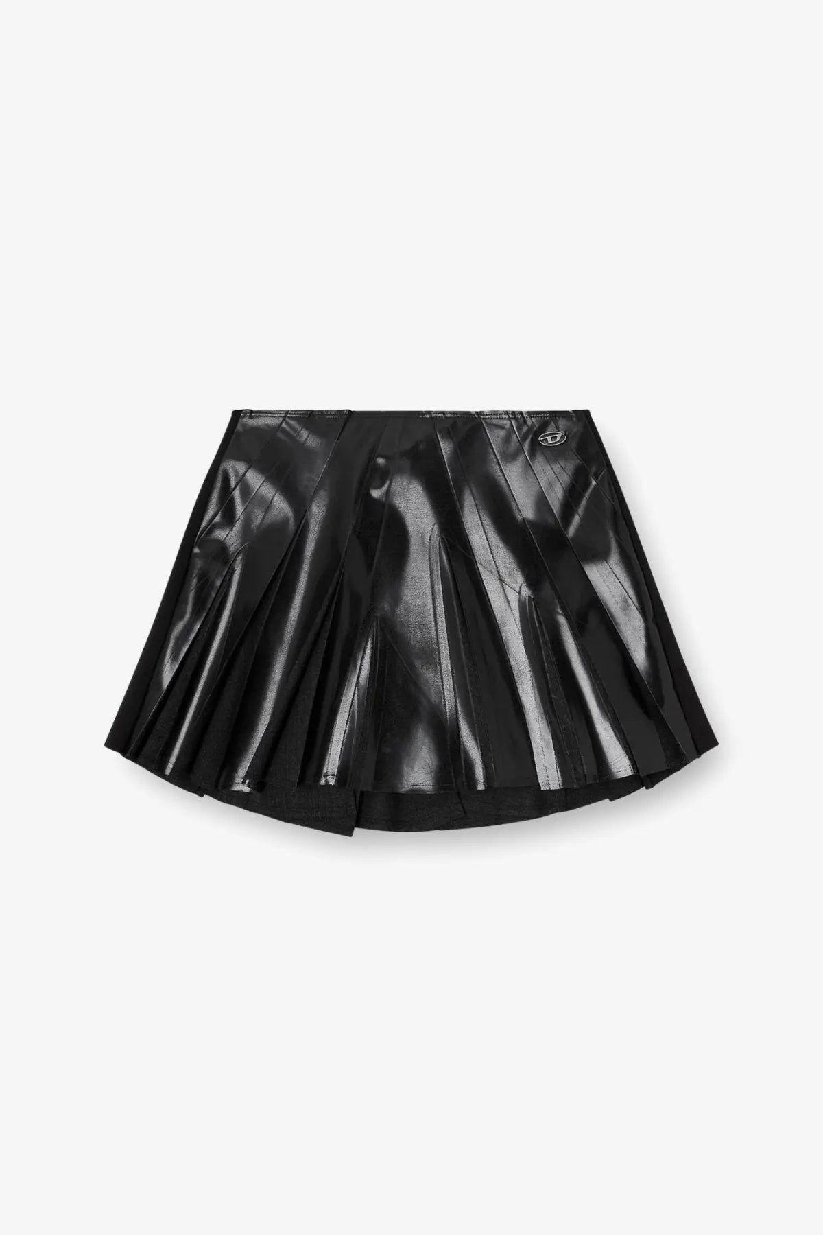 Diesel women’s black pleated mini skirt with glossy patent leather finish in virgin wool blend material