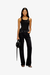 Black leather mini bag with long strap and studded details paired with diesel women’s wife od ribbed cotton tank top black