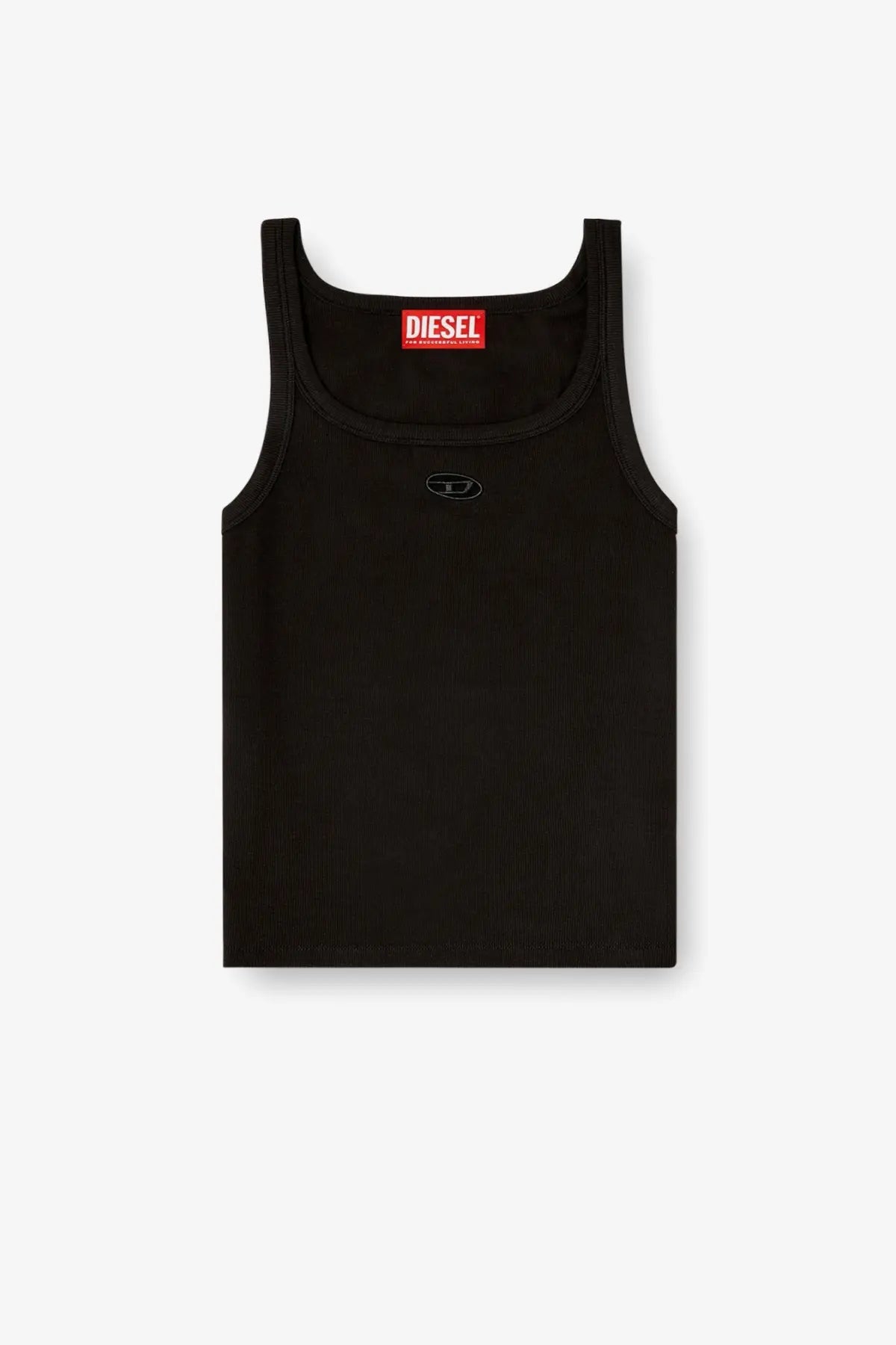 Black diesel women’s wife od ribbed cotton tank top with subtle embroidered logo and red brand tag at neckline