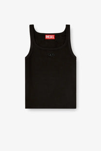 Black diesel women’s wife od ribbed cotton tank top with subtle embroidered logo and red brand tag at neckline
