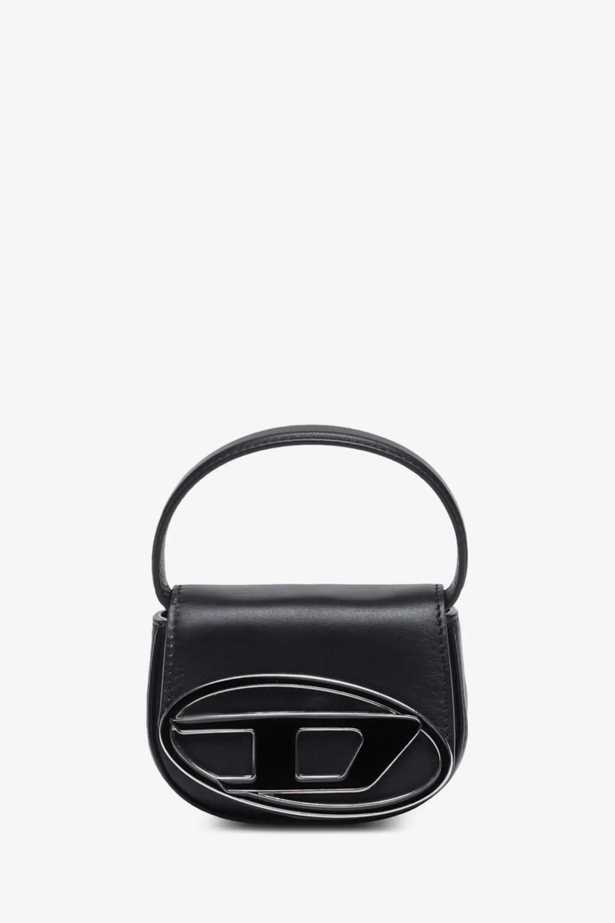 Diesel women’s xs leather crossbody bag in black with a glossy oval logo emblem and rounded top handle