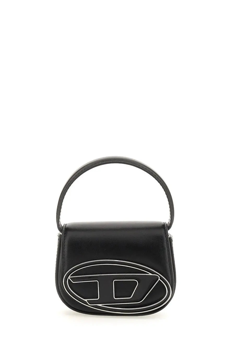 Diesel women’s xs shoulder bag black leather mini handbag with prominent white outlined logo on the front