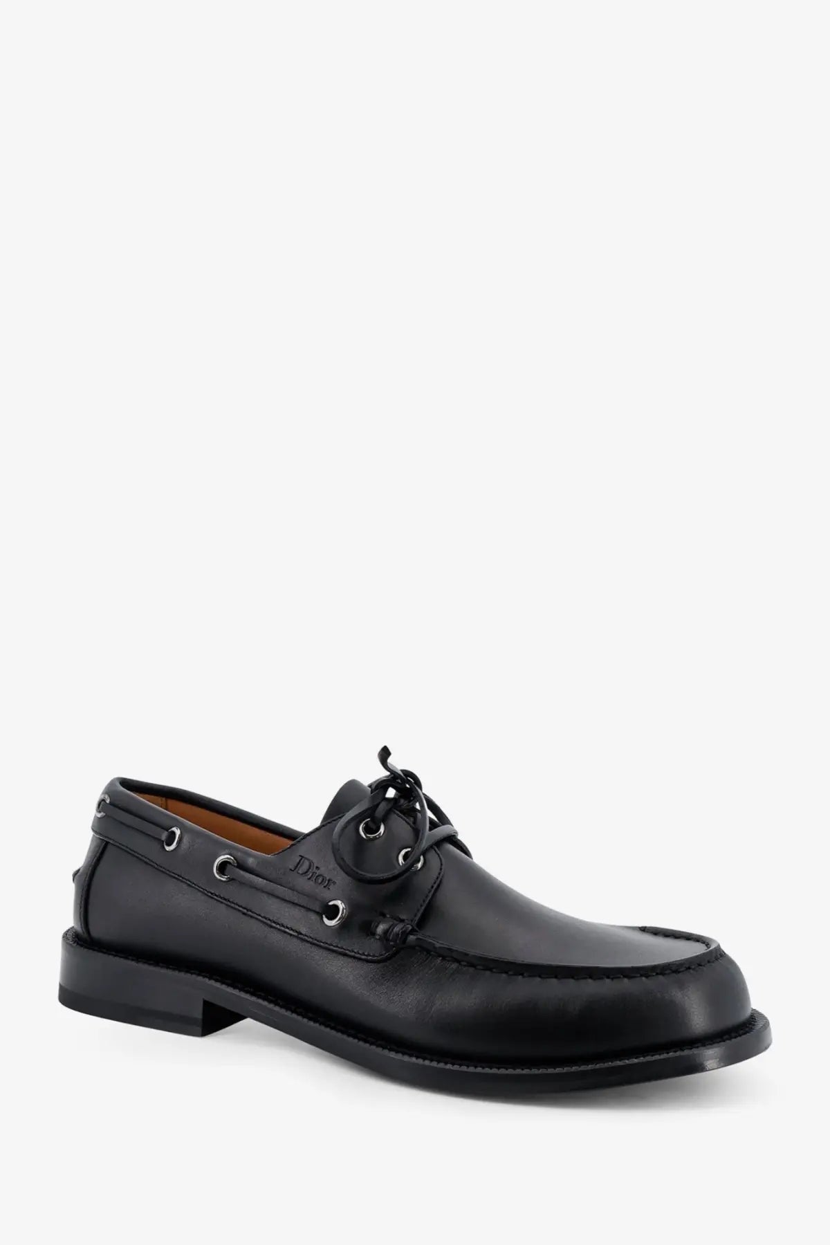 Black leather dior men’s archie boat shoe with silver eyelets and classic lace-up design