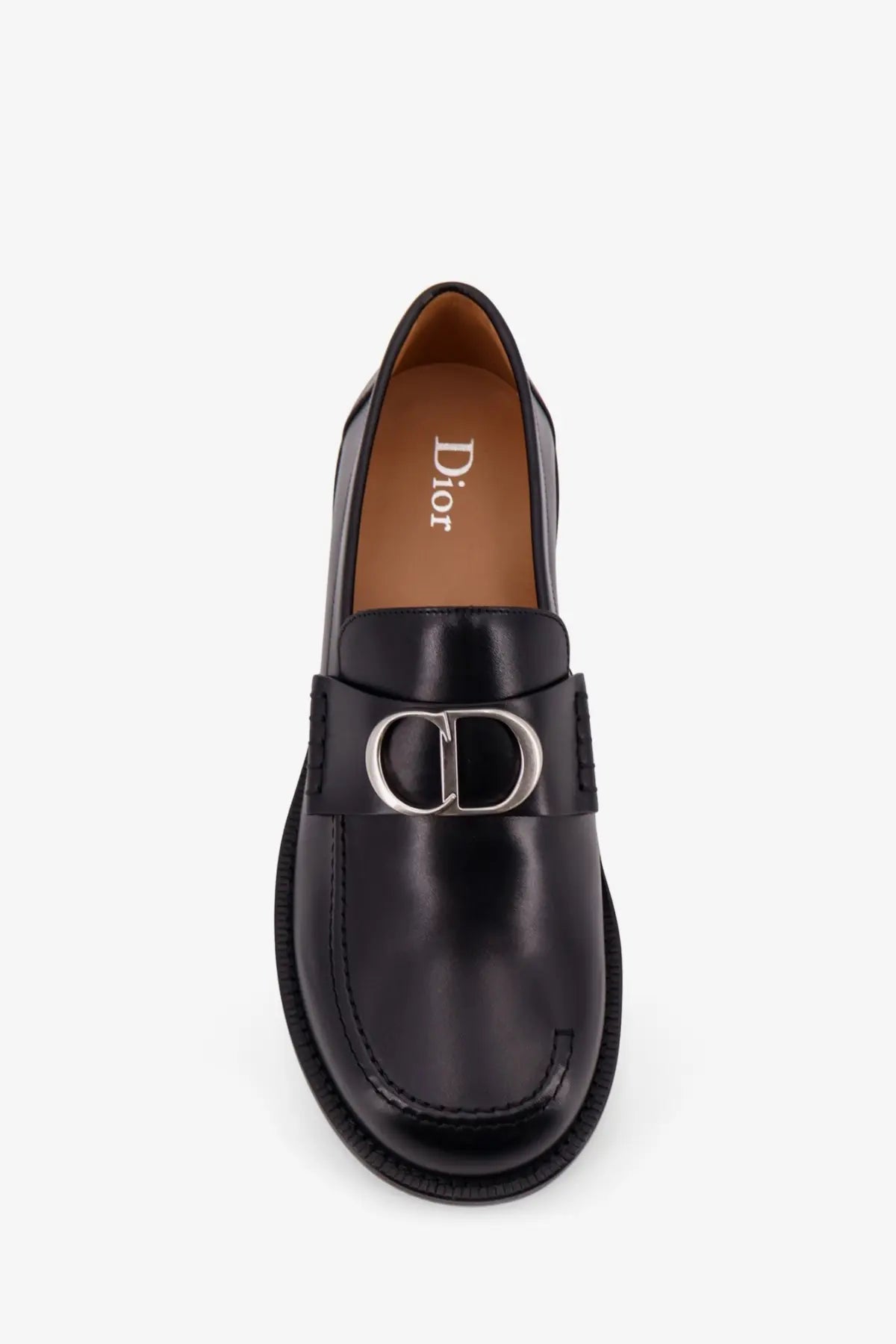 Dior men’s Archie leather loafers in black with shiny leather finish and silver cd logo buckle