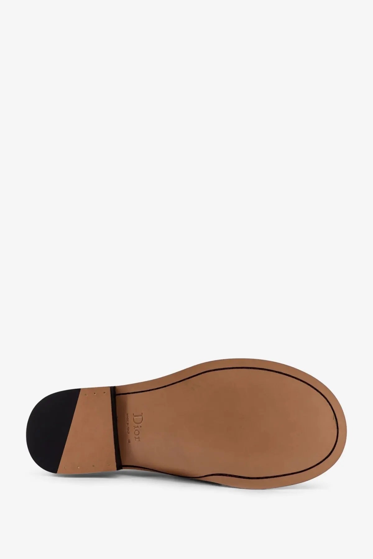 Tan leather sole with black rubber heel and stitched border on the back of dior men’s archie leather loafers brown