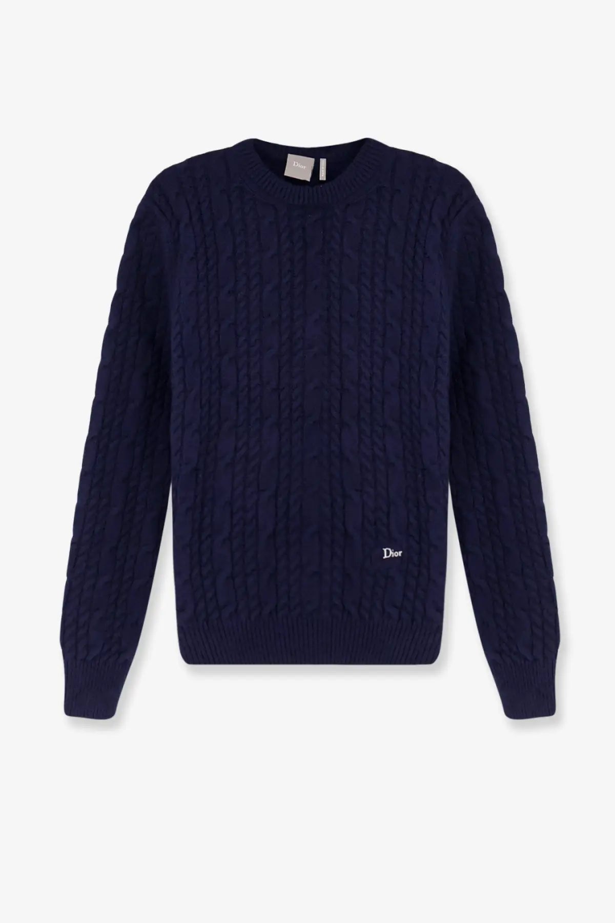 Deep navy blue dior men’s cable knit cashmere sweater with subtle embroidered logo on lower left chest