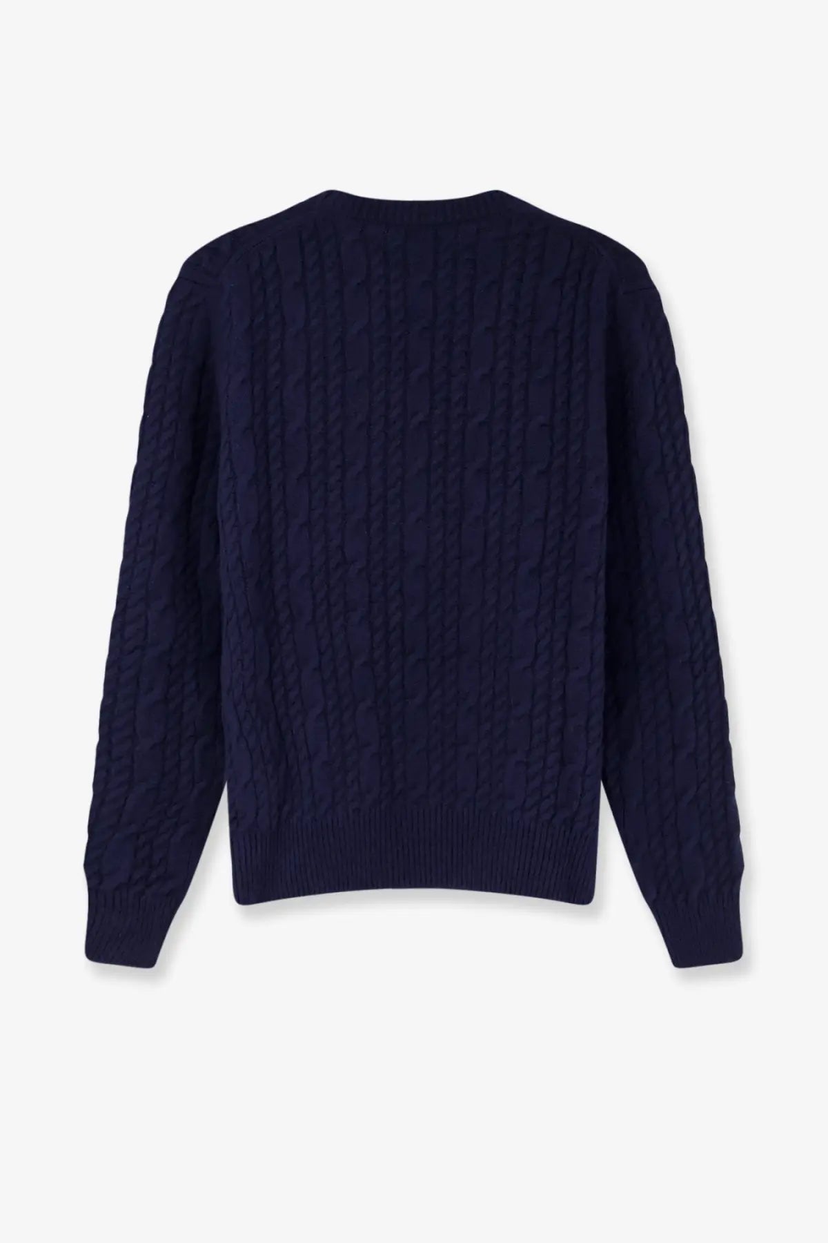 Dior men’s cable knit cashmere sweater in navy blue with classic cable knit pattern and long sleeves