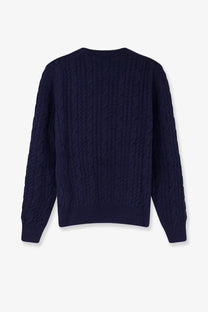 Dior men’s cable knit cashmere sweater in navy blue with classic cable knit pattern and long sleeves