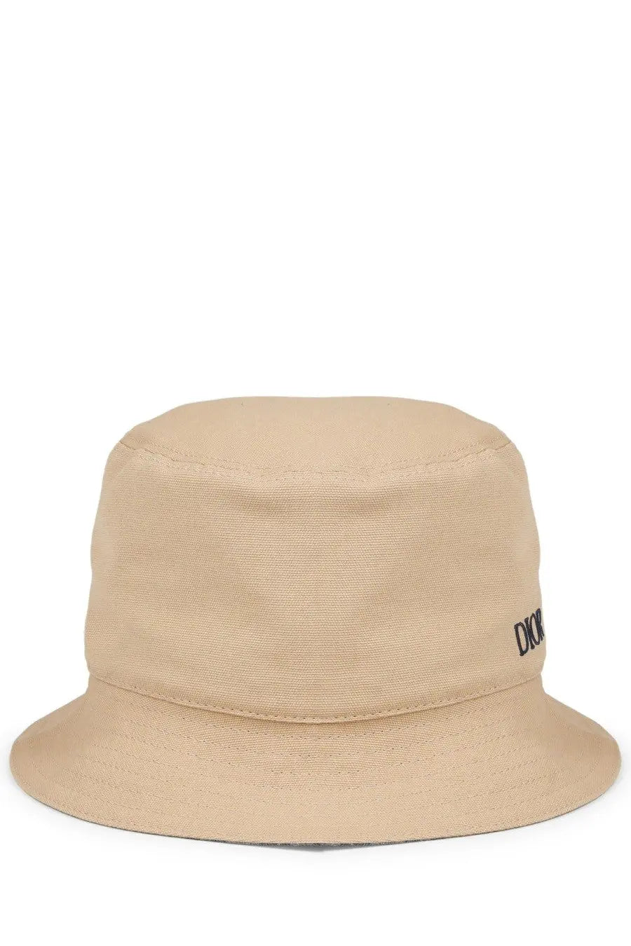Beige canvas bucket hat with black embroidered Dior logo on the side from Dior men’s cappello bucket con beige